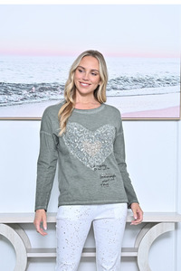 Tops: Heart Front Long Sleeve Tee - Khaki