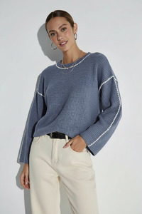 Tops: Blanket Stitch Trim Knit - Blue