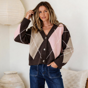 Tops: Argyle Button Cardigan - Blush/Chocolate