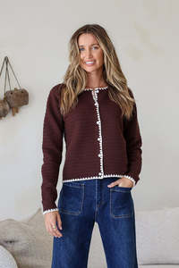 Blanket Stitch Detail Cardigan - Chocolate