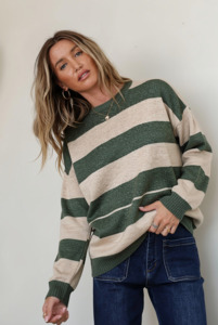 Tops: Brady Bunch Stripe Knit - Khaki/Natural