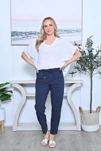 Pants: Stretchy Crinkle Pants - Navy