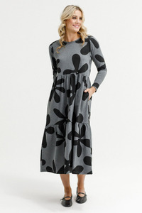 Homelee: Long Sleeve Kaitlin Dress - Graphite Daisies