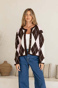 Argyle Cardigan - Chocolate/Blush/White