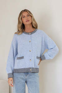 Grace Co: Maci Knit Cardigan - Powder Blue/Chocolate