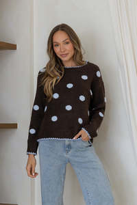 Grace Co: Poppins Polka Dot Knit - Chocolate/Powder Blue
