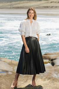 Skirts: Harley Black Faux Leather Pleated Midi Skirt