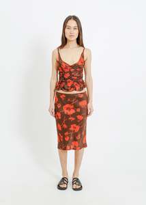 Skirts: VAN SLIP SKIRT / FRAGILE BLOOMS - CHOCOLATE-POPPY
