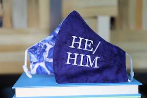 Alphabet Merch: Pronoun Mask: He/Him Blue