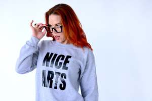 NICE ARTS women’s LARGE crewneck - Black felt on Grey Marle