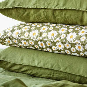 Pillowcases: Pure Linen Printed Pillowcase in Pair: Daisy Dark Green