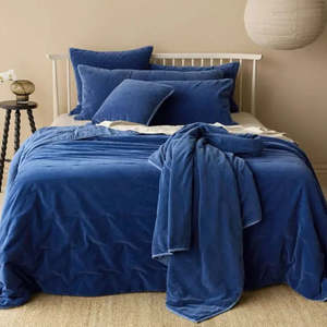 Blankets Throws: Venus Cotton Velvet Quilted Throw: Denim - 140x180