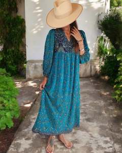 Sundance Revival Dress - turquoise with navy blue and light blue paisley with sequins