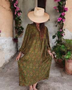 Sundance Revival Dress - olive green with red and gold paisley