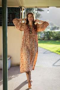 Vintage Sari Collection: Sundance Revival Dress - cream with tangerine, brown and red paisley