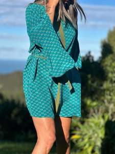 Vintage Sari Collection: Kitekite Kimono Dress - Sea Glass (S/M) Vintage Crepe Silk Sari