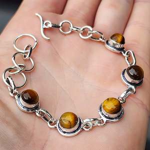 Sterling Silver Bracelets Bangles: Solid 925 Sterling Silver & Natural Tigers Eye Handmade Chain Bracelet