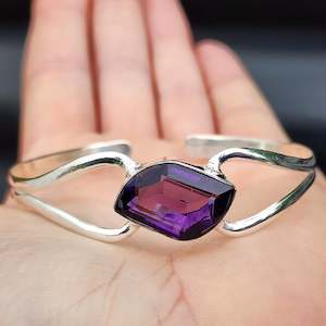 Handmade Silver Bracelets Bangles: Solid Sterling Silver & Natural Amethyst Handmade Cuff Bracelet