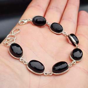 Sterling Silver Bracelets Bangles: Solid 925 Sterling Silver & Natural Black Onyx Handmade Chain Bracelet
