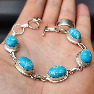 Solid Sterling Silver & Natural Larimar Handmade Chain Bracelet