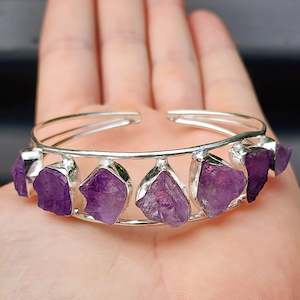 Solid Sterling Silver & Natural Raw Amethyst Handmade Cuff Bracelet