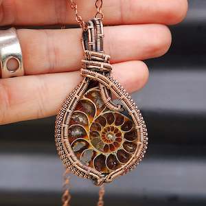 Copper Bracelets: Handmade Copper & Natural Ammonite Fossil Wire Wrap Necklace