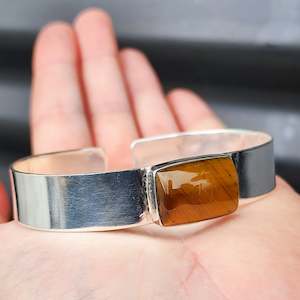 Solid Sterling Silver & Natural Tiger Eye Handmade Cuff Bracelet