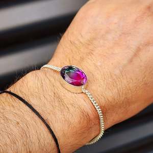 Solid Sterling Silver & Natural Watermelon Topaz Handmade Chain Bracelet