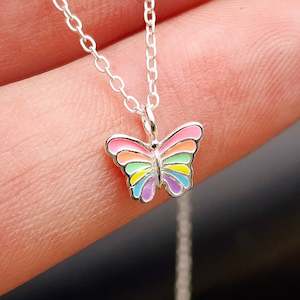 Childrens Necklaces: Childrens 925 Solid Sterling Silver Colorful Butterfly Necklace