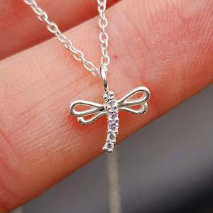 Childrens 925 Solid Sterling Silver & Lavender CZ Dragonfly Necklace
