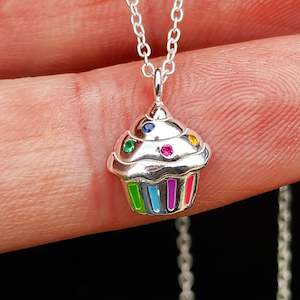 Childrens 925 Solid Sterling Silver & Colored CZ Cupcake Necklace