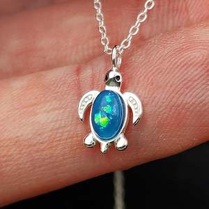 Childrens 925 Solid Sterling Silver & Created Opal Turtle Necklace