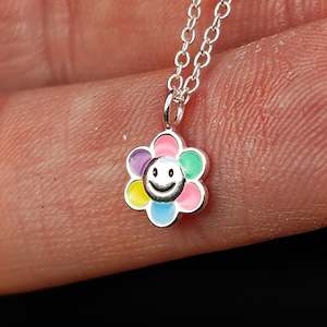 Childrens 925 Solid Sterling Silver Colorful Smiley Flower Necklace