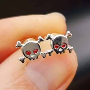 Childrens Earrings: 925 Sterling Silver & Red CZ Skull & Crossbones Stud Earrings