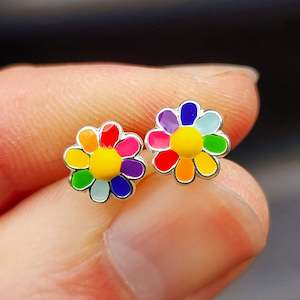 Childrens Earrings: 925 Sterling Silver Colorful Flower Stud Earrings