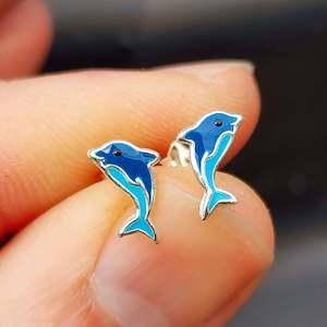 Childrens Earrings: 925 Sterling Silver Dolphin Stud Earrings