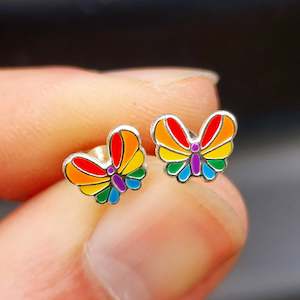 Childrens Earrings: 925 Sterling Silver Rainbow Butterfly Stud Earrings