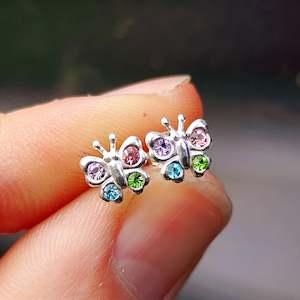 Childrens Earrings: Solid 925 Sterling Silver & CZ Butterfly Stud Earrings
