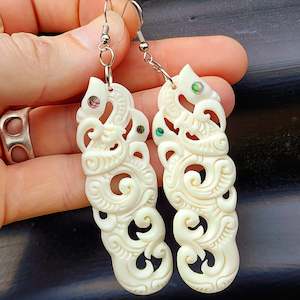 Natural Maori Bone Carving & Paua Earrings - Double Manaia