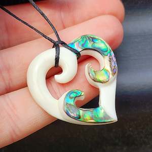 Natural Carved Maori Bone Carving Pendant Necklace - Triple Koru With Paua