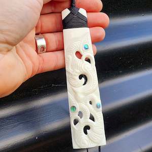 Natural Maori Bone Carving Pendant Necklace - XL Manaia Toki With Paua & Binding