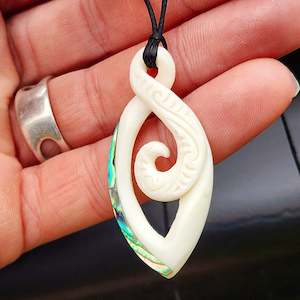 Natural Hand Carved Maori Bone Carving Pendant Necklace - Etched Koru Paua Pendant