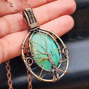 Handmade Copper & Natural Chrysoprase Wire Wrap Tree Necklace