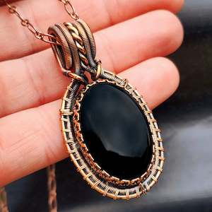 Copper Bracelets: Handmade Copper & Natural Black Onyx Wire Wrap Necklace