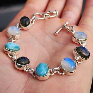 Solid 925 Sterling Silver & Natural Larimar, Moonstone, Labradorite Handmade Chain Bracelet