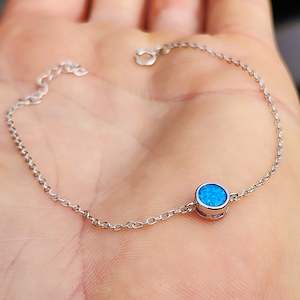 Solid 925 Sterling Silver & Created Opal 6mm Round Chain Bracelet