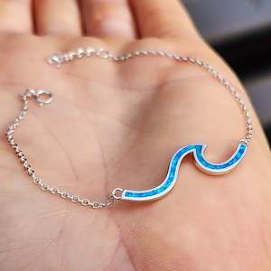 Solid 925 Sterling Silver & Created Opal Wave Chain Bracelet