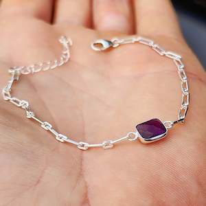 Solid 925 Sterling Silver & Natural Amethyst Rectangle Chain Bracelet