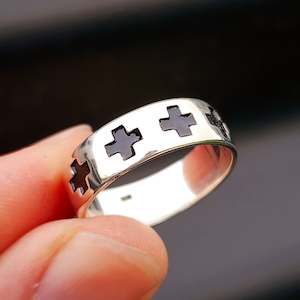 Solid 925 Sterling Silver Black Cross Band Ring
