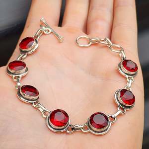 Sterling Silver Bracelets Bangles: Solid Sterling Silver & Natural Garnet Handmade Chain Bracelet